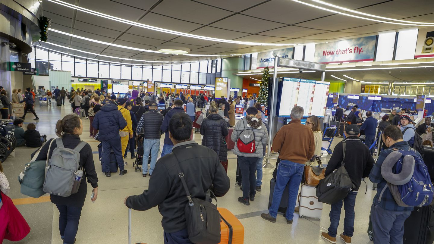 People waited in line at Boston Logan International Airport in December.